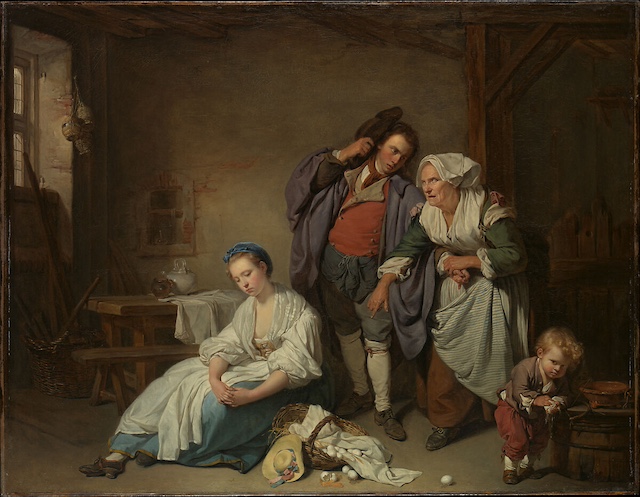 Tableau ancien de Greuze, Les oeufs brisés