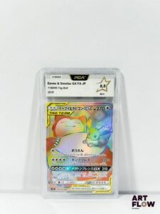 Carte Pokémon gradée Eevee & Snorlax (Évoli & Ronflex) GX 115/095 - Secrète Rainbow - PCA 9,5. Série Soleil&Lune : Tag Bolt (SM9). Carte en état Neuf (PCA 9,5), en japonais.