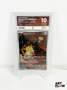Carte Pokémon Meowth (Miaouss) AR 109/98 gradée Pure Grading 10. Série du bloc Écarlate & Violet : S&V Glory of Team Rocket. Carte en état Gem Mint (Pure Grading 10). En japonais