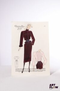 Christian DIOR, Collection Automne/Hiver 1981/1982 Silhouette 12 Technique mixte sur papier (gravure rehaussée à l'encre, aquarelle, gouache et crayon) 32 x 22,5 cm