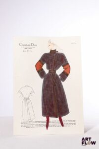 Christian DIOR, Collection Automne/Hiver 1981/1982 Silhouette 21 Technique mixte sur papier (gravure rehaussée à l'encre, gouache et crayon) 32 x 22,5 cm