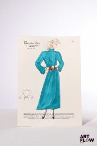 Christian DIOR, Collection Automne/Hiver 1981/1982 Silhouette 40 Technique mixte sur papier (gravure rehaussée à l'encre, gouache et crayon) 32 x 22,5 cm