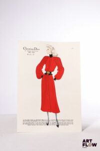 Christian DIOR, Collection Automne/Hiver 1981/1982 Silhouette 41 Technique mixte sur papier (gravure rehaussée à l'encre, gouache et crayon) 32 x 22,5 cm