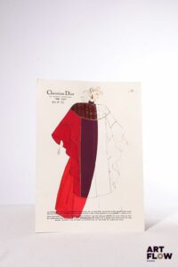 Christian DIOR, Collection Automne/Hiver 1981/1982 Silhouette 50 Technique mixte sur papier (gravure rehaussée à l'encre, gouache et crayon) 32 x 22,5 cm