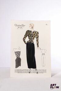 Christian DIOR, Collection Automne/Hiver 1981/1982 Silhouette 51 Technique mixte sur papier (gravure rehaussée à l'encre, gouache et crayon) 32 x 22,5 cm