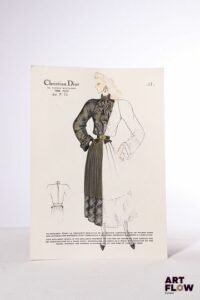 Christian DIOR, Collection Automne/Hiver 1981/1982 Silhouette 58 Technique mixte sur papier (gravure rehaussée à l'encre, gouache et crayon) 32 x 22,5 cm