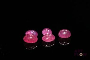 Cinq rubis cabochons ovales. 8.05 cts. Dims. moy.: 7.25mm x 5.75mm