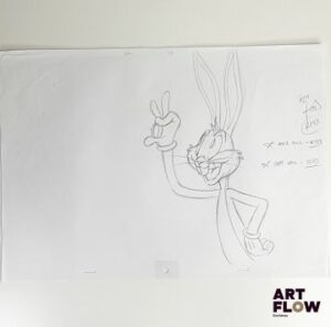 D'après Tex Avery Bugs Bunny Dessin original à la mine de plomb représentant Bugs Bunny regardant une bague Animé américain issu de l’univers Looney Tunes, créé par les studios Warner Bros. "Bugs Bunny est un lapin espiègle et intelligent qui, grâce à son humour et à son sang-froid, déjoue sans cesse les plans de ses adversaires dans des aventures devenues cultes de l’animation." Dimensions : 30,5 x 43 cm