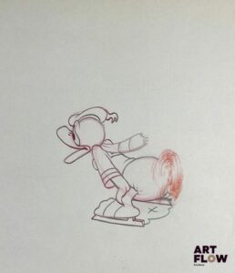 D'après Walt Disney Donald Duck Dessin à la mine de plomb et crayon de couleur rouge représentant Donald faisant du patin à glace Animé d'après Walt Disney Company "Donald Duck est un personnage au caractère bien trempé, connu pour sa maladresse et ses colères légendaires. Malgré son tempérament impatient, il reste attachant, loyal et plein d’énergie." Dimensions : 25,5 x 30,5 cm - Ce lot chez vous partout en France métropolitaine à partir de 9,60 € - Ce lot chez vous partout en Europe à partir de 18,00 €