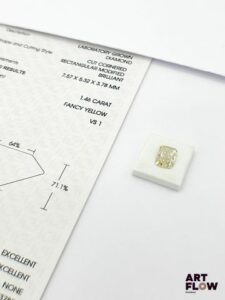 Diamant de synthèse de forme Radiant de 1,46 carats. Accompagné d'un certificat de laboratoire de l'IGI (international gemological Institute) précisant : Fancy Yellow, VS 1