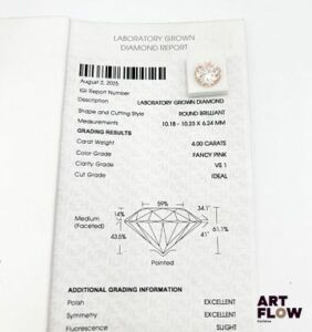 Diamant de synthèse de forme ronde de 4,00 carats. Accompagné d'un certificat de laboratoire de l'IGI (international gemological Institute) précisant : Fancy pink, VS 1