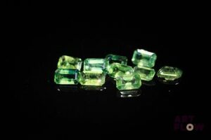 Dix saphirs verts rectangulaires à pans coupés. 3.44 cts. Dims. moy.: 5.0mm x 3.0mm