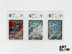 Ensemble de 3 cartes Pokémon gradées du bloc de série Écarlate& Violet : - Mew Ex 216/091 - Full Art shiny - Destinées de Paldéa - CCC 9,5 (Neuf +). - Gardevoir Ex 217/091 - Full Art shiny - Destinées de Paldéa - CCC 10 (Neuf +). - Rugit-Lune Ex 229/182 - Full Art Alternative - Faille Paradoxe - CCC 10 (Neuf +). Cartes en français.