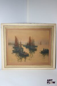 FERNAND LEGOUT-GÉRARD (1856-1924), dans le goût de Voiliers au port Gravure. 62,5 x 74 pour la feuille. Accidents