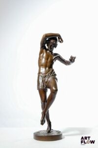 Francisque Joseph DURET (1804-1865) Jeune pêcheur dansant Bronze à patine brune Signé Duret et cachet du fondeur La Fontaine sur la terrasse Daté 29 mars 1881 H. 43,5 cm x L. 17 cm Bon état général malgré quelques défauts (jointures des bras visibles)