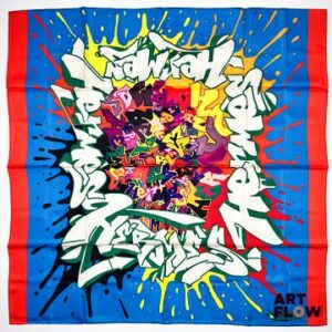 HERMES Modèle "Graff Hermès" x KONGO Edition spéciale et limitée Carré en twill de soie dessiné par Cyril Kongo, sur fond bleu et bordure orange. 90 x 90 cm Dans ses plis d'origine. Edition circa 2011