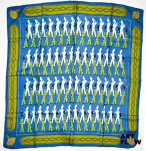 HERMES Modèle "La Parade" Carré en twill de soie dans les tons verts et bleus 90 x 90 cm Très bon état général malgré quelques infimes traces d'usage