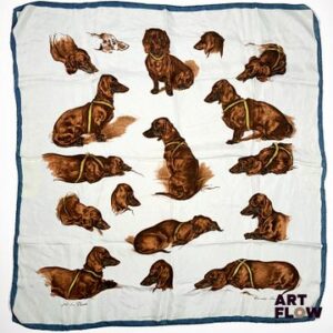 HERMES Modèle "Les bassets teckels" Carré en twill de soie d'après un dessin par Xavier De Poret 90 x 90 cm En l'état - tâches