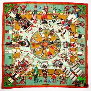 HERMÈS Paris Modèle Katchinas Carré en twill de soie à fond rouge, et tons multicolores 90 x 90 cm Excellent état général