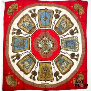 HERMÈS Paris Modèle Poste et Cavalerie Carré en twill de soie dessiné par Joachim METZ 90 x 90 cm Petites tâches