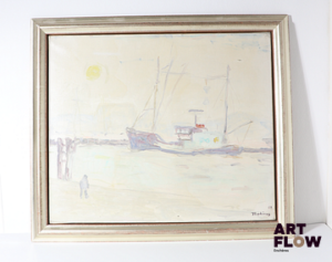 Jacques Truphémus (1922-2017) Bateaux dans la brume Huile sur toile Signée en bas à droite et datée 68. Signée au dos. 46 x 54 cm