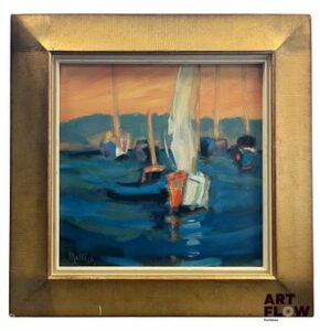 Jean-Pierre Maltese (1946 -), Marine, les Voiliers au port, huile sur toile, huile sur toile, signée en bas à gauche et contresignée au dos. 50 x 50 cm.