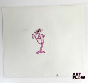 La Panthère Rose (The Pink Panther) Cellulo à l’encre et à la gouache représentant la Panthère Rose les yeux fermés Animé américain d'après la série créée par Friz Freleng et David DePatie "La Panthère Rose est le personnage principal de son univers animé. C’est une panthère anthropomorphe, élégante et malicieuse, connue pour son calme, son humour subtil et ses situations comiques souvent muettes. Elle se distingue par sa capacité à se sortir habilement de situations absurdes tout en conservant son style raffiné et son charme unique." Dimensions : 27 x 31,5 cm