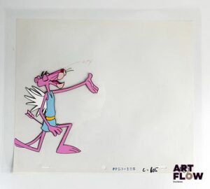 La Panthère Rose (The Pink Panther), d'après Friz Freleng Cellulo à l’encre et à la gouache représentant la Panthère Rose agenouillée Animé américain d'après la série créée par Friz Freleng et David DePatie "La Panthère Rose est le personnage principal de son univers animé. C’est une panthère anthropomorphe, élégante et malicieuse, connue pour son calme, son humour subtil et ses situations comiques souvent muettes. Elle se distingue par sa capacité à se sortir habilement de situations absurdes tout en conservant son style raffiné et son charme unique." Dimensions : 27 x 31,5 cm