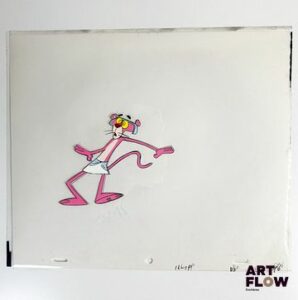 La Panthère Rose (The Pink Panther), d'après Friz Freleng Cellulo à l’encre et à la gouache représentant la Panthère Rose effrayée Animé américain d'après la série créée par Friz Freleng et David DePatie "La Panthère Rose est le personnage principal de son univers animé. C’est une panthère anthropomorphe, élégante et malicieuse, connue pour son calme, son humour subtil et ses situations comiques souvent muettes. Elle se distingue par sa capacité à se sortir habilement de situations absurdes tout en conservant son style raffiné et son charme unique." Dimensions : 27 x 31,5 cm