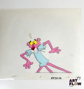 La Panthère Rose (The Pink Panther) d'après Friz Freleng Cellulo à l’encre et à la gouache représentant la Panthère Rose effrayée Animé américain d'après la série créée par Friz Freleng et David DePatie "La Panthère Rose est le personnage principal de son univers animé. C’est une panthère anthropomorphe, élégante et malicieuse, connue pour son calme, son humour subtil et ses situations comiques souvent muettes. Elle se distingue par sa capacité à se sortir habilement de situations absurdes tout en conservant son style raffiné et son charme unique." Dimensions : 27 x 31,5 cm