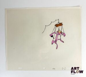 La Panthère Rose (The Pink Panther), d'après Friz Freleng Cellulo à l’encre et à la gouache représentant la Panthère Rose en pantin articulé Animé américain d'après la série créée par Friz Freleng et David DePatie "La Panthère Rose est le personnage principal de son univers animé. C’est une panthère anthropomorphe, élégante et malicieuse, connue pour son calme, son humour subtil et ses situations comiques souvent muettes. Elle se distingue par sa capacité à se sortir habilement de situations absurdes tout en conservant son style raffiné et son charme unique." Dimensions : 27 x 31,5 cm
