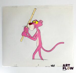 La Panthère Rose (The Pink Panther), d'après Friz Freleng Cellulo à l’encre et à la gouache représentant la Panthère Rose tenant un bambou Animé américain d'après la série créée par Friz Freleng et David DePatie "La Panthère Rose est le personnage principal de son univers animé. C’est une panthère anthropomorphe, élégante et malicieuse, connue pour son calme, son humour subtil et ses situations comiques souvent muettes. Elle se distingue par sa capacité à se sortir habilement de situations absurdes tout en conservant son style raffiné et son charme unique." Dimensions : 27 x 31,5 cm