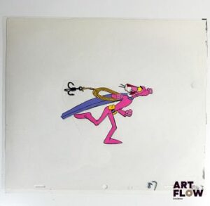 La Panthère Rose (The Pink Panther),d'après Friz Freleng Cellulo à l’encre et à la gouache représentant la Panthère Rose tenant un hameçon Animé américain d'après la série créée par Friz Freleng et David DePatie "La Panthère Rose est le personnage principal de son univers animé. C’est une panthère anthropomorphe, élégante et malicieuse, connue pour son calme, son humour subtil et ses situations comiques souvent muettes. Elle se distingue par sa capacité à se sortir habilement de situations absurdes tout en conservant son style raffiné et son charme unique." Dimensions : 27 x 31,5 cm