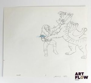 Les Maîtres de l’Univers (He-Man and the Masters of the Universe) D'après les dessins de Lou Scheimer et Hal Sutherland Beast Man Dessin à la mine de plomb et crayon de couleur représentant Beast Man de face. Animé américain d’après la série Les Maîtres de l’Univers (He-Man and the Masters of the Universe), créée par Lou Scheimer, Larry DiTillio et J. Michael Straczynski. « Beast Man est l’un des plus fidèles serviteurs de Skeletor. Homme-bête à la force redoutable, il possède le pouvoir de contrôler les créatures sauvages d’Eternia. Brutal et impulsif, il incarne la sauvagerie au service du mal, tout en demeurant une figure emblématique et reconnaissable de l’univers des Maîtres de l’Univers. » Dimensions : 27 x 31,5 cm