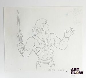 Les Maîtres de l’Univers (He-Man and the Masters of the Universe), d'après Lou Scheimer et Hal Sutherland Musclor Dessin à la mine de plomb et crayon de couleur représentant Musclor portant une épée Animé américain d’après la série Les Maîtres de l’Univers (He-Man and the Masters of the Universe), créée par Lou Scheimer, Larry DiTillio et J. Michael Straczynski "Musclor est le héros principal des Maîtres de l’Univers. Prince Adam transformé grâce au pouvoir du Crâne Ancestral, il incarne la force, le courage et la justice. Défenseur d’Eternia, il combat sans relâche Skeletor et ses alliés pour protéger la paix et l’équilibre du royaume." Dimensions : 26,5 x 31,5 cm
