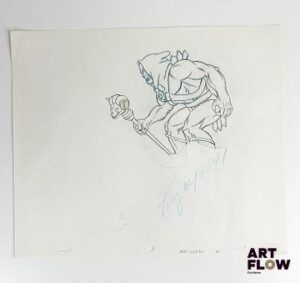 Les Maîtres de l’Univers (He-Man and the Masters of the Universe), d'après Lou Scheimer et Hal Sutherland Skeletor Dessin à la mine de plomb et crayon de couleur représentant Skeletor de face Animé américain d’après la série Les Maîtres de l’Univers (He-Man and the Masters of the Universe), créée par Lou Scheimer, Larry DiTillio et J. Michael Straczynski "Skeletor est le principal antagoniste de l’univers des Maîtres de l’Univers. Sorcier maléfique à la voix reconnaissable, il cherche sans cesse à s’emparer du Château des Ombres et à vaincre He-Man. Malgré ses plans machiavéliques, il reste un personnage culte mêlant menace, charisme et humour." Dimensions : 27 x 31,5 cm