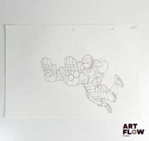 Marvel Comics d'après Don Heck et Jack Kirby Iron Man Dessin à la mine de plomb et crayons de couleur rose et bleu représentant Iron Man en position de combat Personnage de comics américains créé par Marvel Comics "Iron Man, alias Tony Stark, est un inventeur brillant et milliardaire qui protège le monde grâce à son armure high-tech. Courageux et ingénieux, il incarne l’audace, l’intelligence et le sens des responsabilités." Dimensions : 24,5 x 35,5 cm