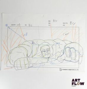 Marvel Comics d'après Jack Kirby Hulk / Bruce Banner Dessin à la mine de plomb et crayons de couleur représentant Hulk en position de combat Personnage de comics américains créé par Marvel Comics "Hulk, alias Bruce Banner, est un héros doté d’une force surhumaine. Bien que colérique et incontrôlable parfois, il utilise sa puissance pour protéger les innocents et combattre le mal." Dimensions : 24,5 x 35,5 cm