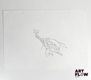Marvel Comics, d'après Jack Kirby Thor Dessin à la mine de plomb et crayons de couleur représentant Thor en position de combat Personnage de comics américains créé par Marvel Comics "Thor est le dieu du tonnerre, courageux et puissant. Protecteur des mondes, il manie son marteau avec maîtrise et incarne la force, l’honneur et le courage." Dimensions : 25,5 x 36 cm