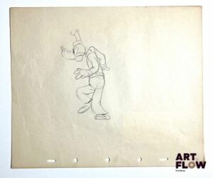 Mickey Mouse, d'après Floyd Gottfredson Dingo (Goofy) Dessin à la mine de plomb représentant Dingo marchant Animé d'après Walt Disney Company "Dingo est un personnage issu de l’univers de Mickey Mouse. C’est un chien anthropomorphe, caractérisé par sa maladresse, sa lenteur d’esprit et son tempérament amical." Dimensions : 25,5 x 30,5 cm