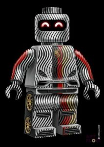 Monakoe - Né en 1977 - Porsche - Petit robot en briques, faisant partie d’une collection de personnages colorés - Lithographie - Impression sur papier Rives - Signée dans la planche et au dos - Edition en 30 exemplaires - 30x45 cm - Certificat de l'artiste au dos de l'oeuvre