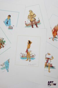 Pierre Joubert (1010-2002) Marins Portfolio de 15 planches représentant divers Marins à travers les âges et les civilisations. Reproductions couleur, signées dans la planche. La première signée au crayon. 32 x 24 cm