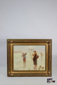 Pierre TESTU Scène de pêche Huile sur toile Signée P. TESTU en bas à gauche Restaurations à prévoir sur le cadre. 31 x 39,5 cm (à vue)