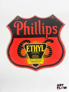Plaque émaillée Philips Ethyl Gasoline Dimensions : 28 x 28 cm Petits éclats et traces de rouille Reproduction moderne