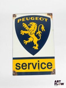 Plaque émaillée rectangulaire Peugeot Service Dimensions : 30 x 20 cm Petits éclats et traces de rouille Reproduction moderne