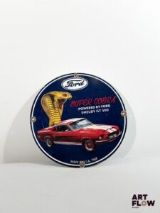 Plaque émaillée ronde bombée d'après Ford - Super Cobra Diamètre : 30 cm Petits éclats et traces de rouille - moderne