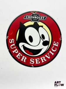 Plaque émaillée ronde Chevrolet Super Service Diamètre : 30 cm Petits éclats et traces de rouille Reproduction moderne