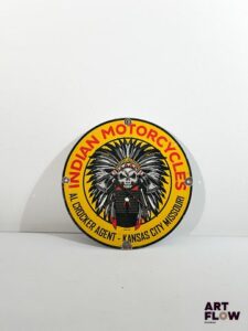 Plaque émaillée ronde d'après Indian Motocycles Diamètre : 30 cm Petits éclats et traces de rouille