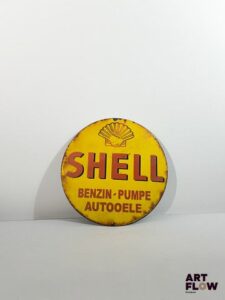 Plaque émaillée ronde d'après Shell Diamètre : 30 cm Petits éclats et traces de rouille