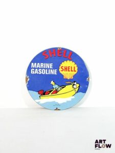 Plaque émaillée ronde d'après Shell marine gasoline Diamètre 30 cm Petits éclats et traces de rouille - moderne